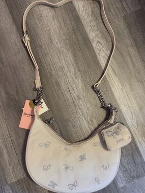 Juicy Couture Crescent Shoulder Bag Cream Velour Rhinestone Bow NWT Pouch Y2K